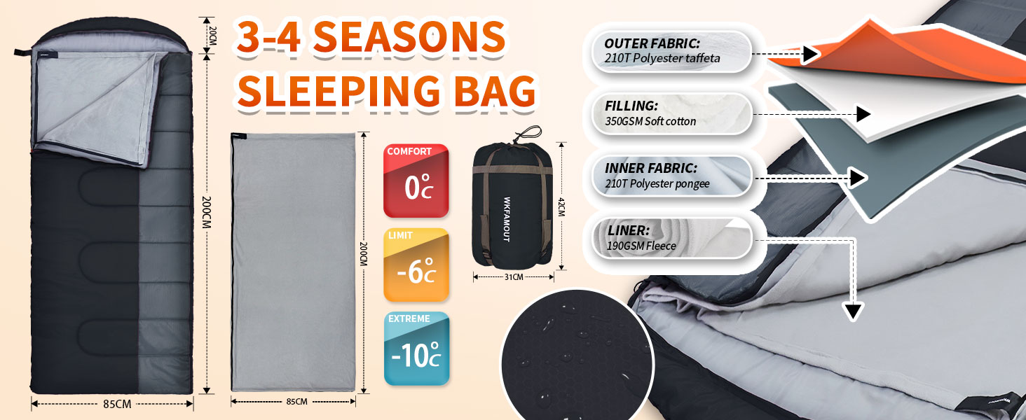 Сплячий мішок Outdoor для дорослих, зимовий, водонепроникний, 3-4 сезони, з компресійним мішком, 0℃, чорний, 220x85 см