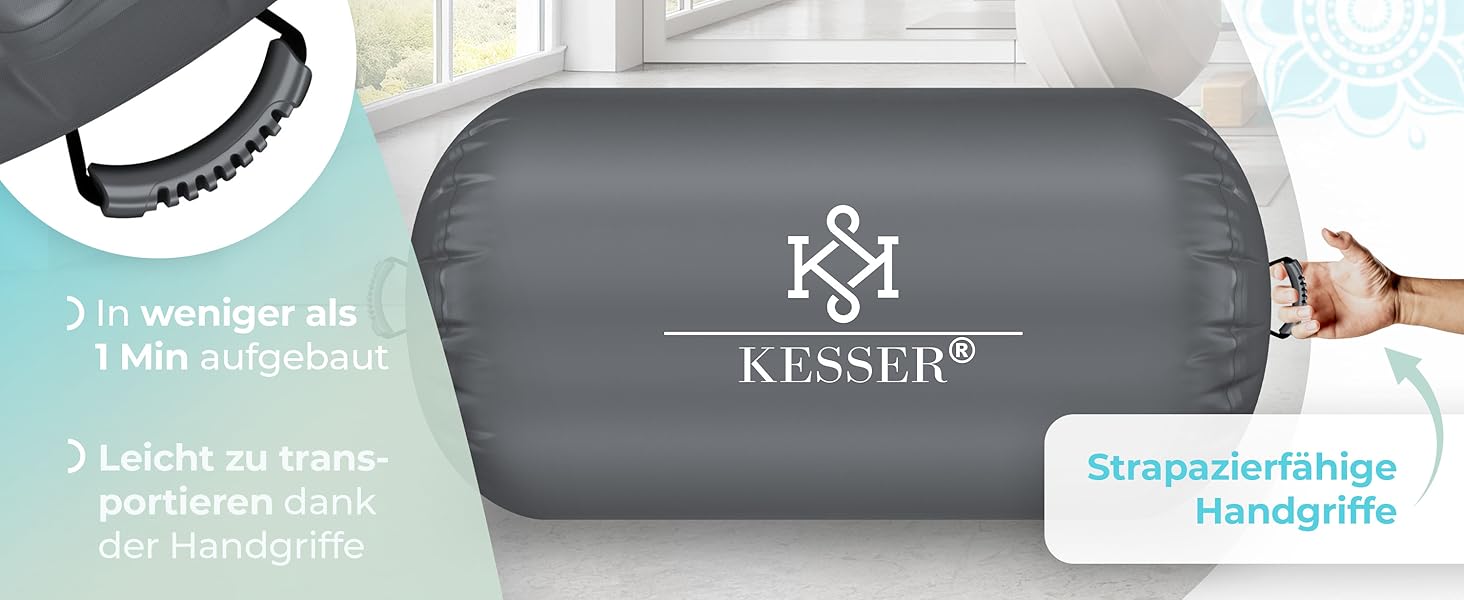 Надувна Airtrack KESSER® | з сумкою та електричним насосом | для акробатики, йоги, фітнесу, балансу, спорту, тренувань | 100 x 60 см, антрацит