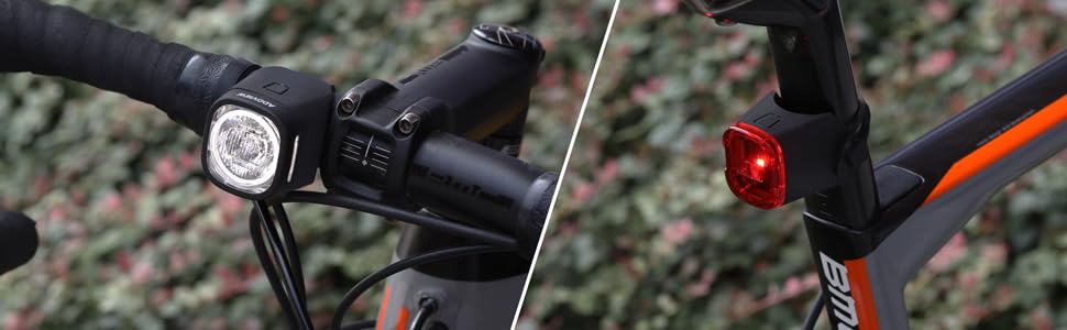 Набір велоліхтарів ADDVIEW, сертифікований StVZO, LED, IP65, водонепроникний - передній + задній ліхтар, USB Type-C, монтаж без інструментів, Twins