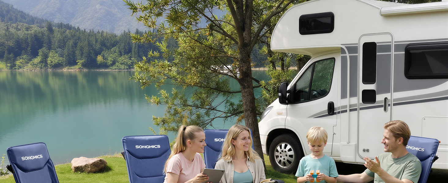 Складний туристичний стілець SONGMICS для відпочинку, риболовлі та кемпінгу, регульована спинка, обертовий підсклянник, блакитний