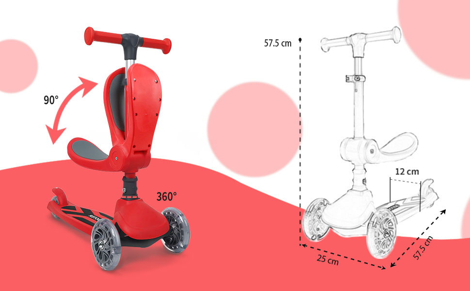 Дитячий самокат-триколісник 2 в 1 Stompa Roller для дітей від 2 років до 50 кг, з LED-колесами, складаним сидінням та регулюванням висоти (Червоний)
