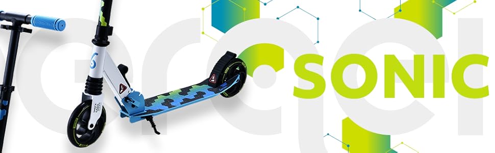 Самокат міський Bergen City Scooter Sonic – алюмінієвий, складаний, колеса PU 145мм, амортизатор, гальмо заднє, регульована висота, для дітей від 5 років, легкий, чорний/білий/синій/зелений