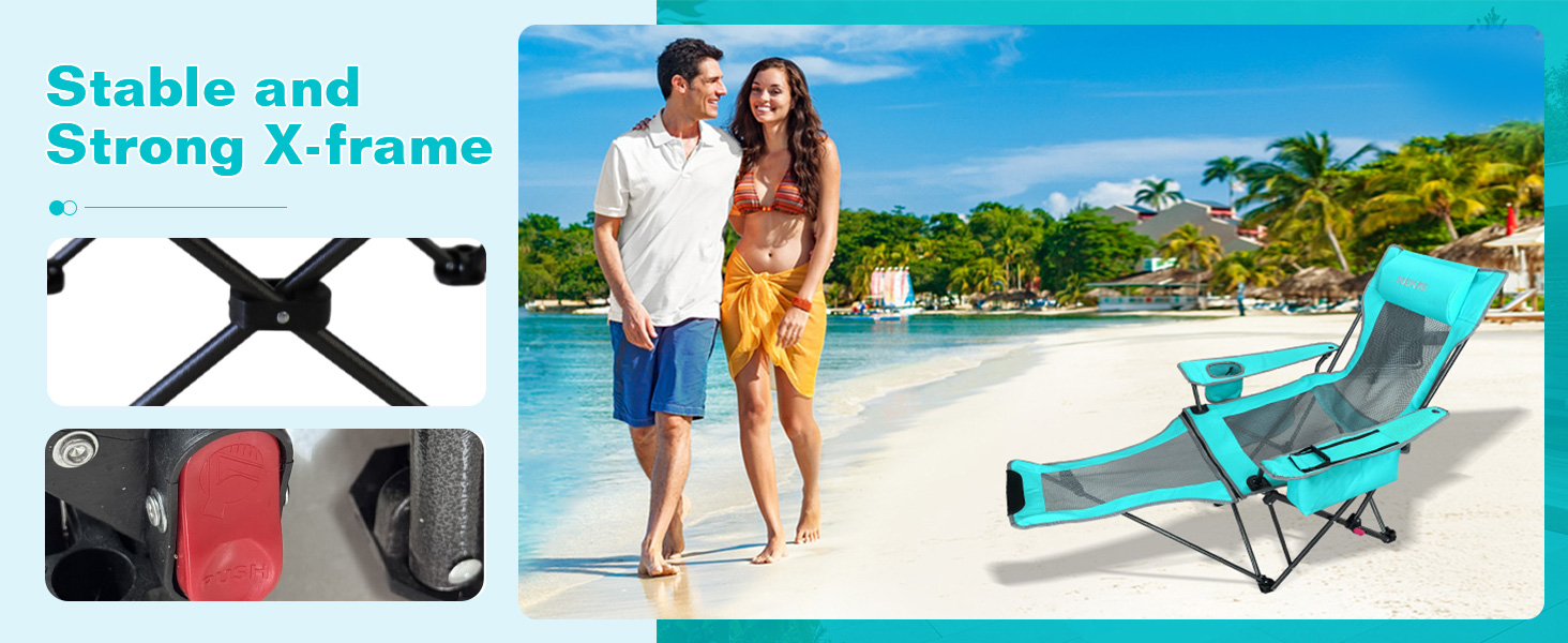 Крісло для кемпінгу Poeopore складне з підставкою для ніг, 4-х секційне, для відпочинку на пляжі та риболовлі, витримує до 120 кг, з кишенькою-холодильником, подушкою та тримачем для напоїв, блакитне