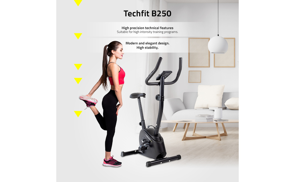 Магнітний ергометр для фітнес-велосипеда TechFit B250 - кардіо велосипед з регульованим сідлом, датчиками серцевого ритму і РК-монітором. Стійкий велотренажер для ідеальної фігури.