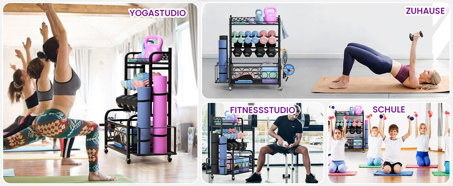 Стойка для гантелей, багаторівнева, з роликами та гачками, для гантелей, йога-матів, фасцій та гир, чорна, для дому