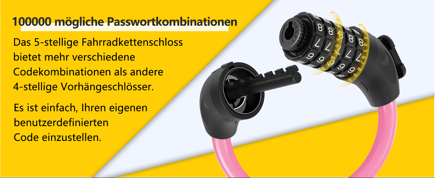 Замки для велосипеда з кодом 12 мм/120 см, кабельний замок від крадіжок з 5-значним кодом, вологостійкий замок-кабель для велосипеда, електровелосипеда, дитячої коляски, драбини (Чорний) (Рожевий)