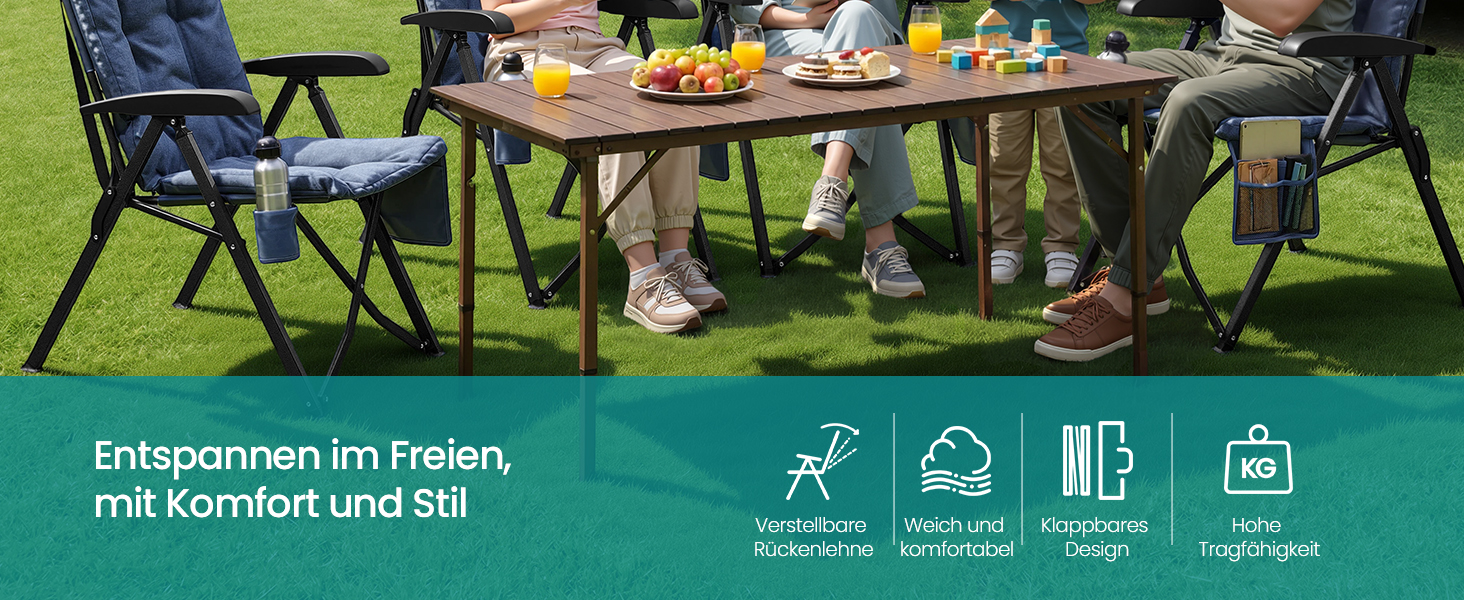 Складний туристичний стілець SONGMICS для відпочинку та риболовлі, з регульованою спинкою, підстаканником та кишенею, блакитний