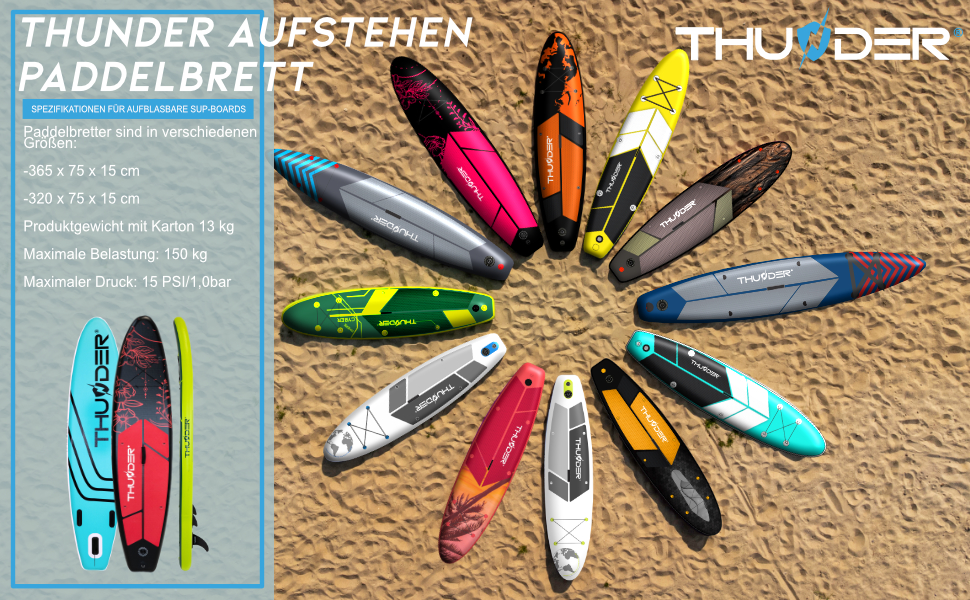 Надувна SUP-дошка THUNDER 320/365 см, зелена, з насосом, рюкзаком і регульованим веслом, протиковзкий PVC, заміна для каяка або понтона