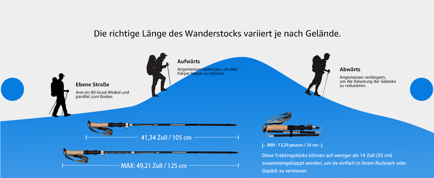 Туристичні палиці Overmont Carbon, 7075 Алюмінієві надлегкі складні регульовані 105-125 см трекінгові палиці Палиці для скандинавської ходьби 1 пара з усіма аксесуарами для місцевості 7075 Алюміній Алюміній Чорний