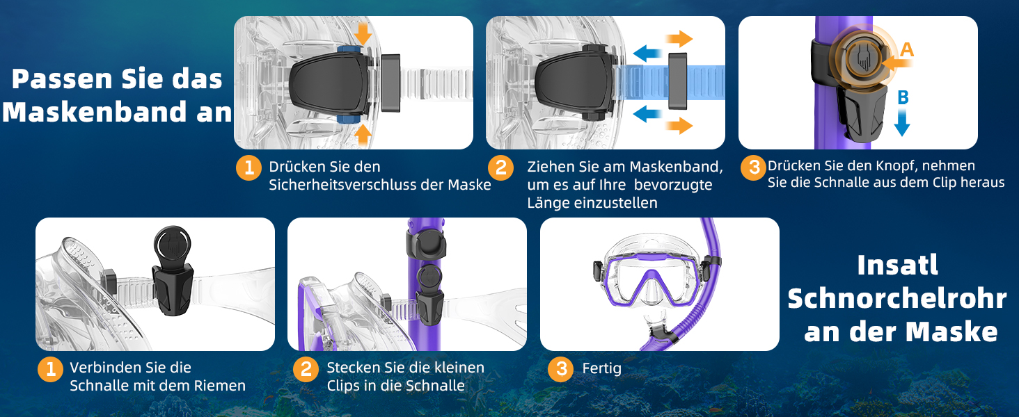 Набір для снорклінгу для дорослих: маска, трубка з антизахистом від запотівання, фіолетовий