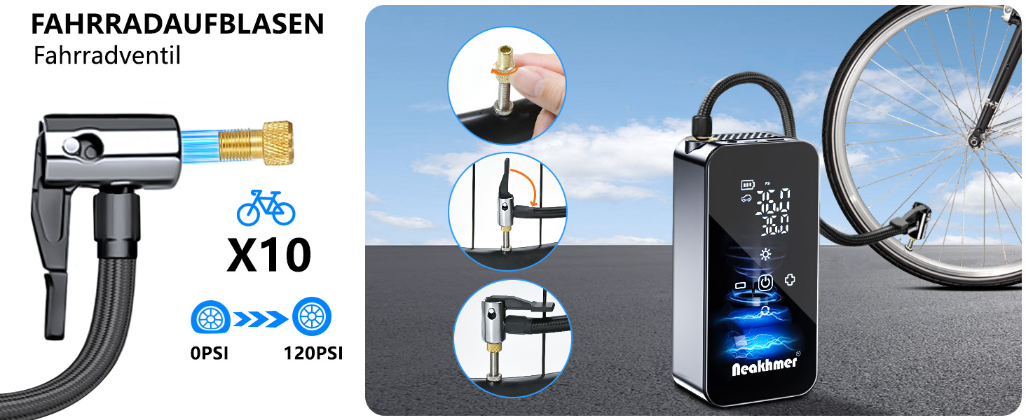Електричний повітряний насос для велосипеда з акумулятором 150PSI: компресор з акумулятором 6000mAh, манометром для велосипедів, мотоциклів та автомобілів