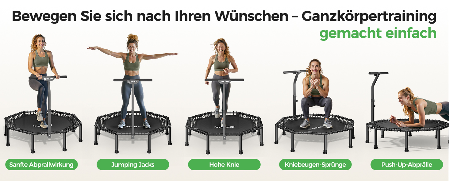 Трамплін для дому BCAN Fitness, діаметр 102/122/130 см, пружинний/з еластичними тросами, для дорослих до 250 кг, з регульованими ручками, тихий та з низькою вібрацією, зелений 102 см