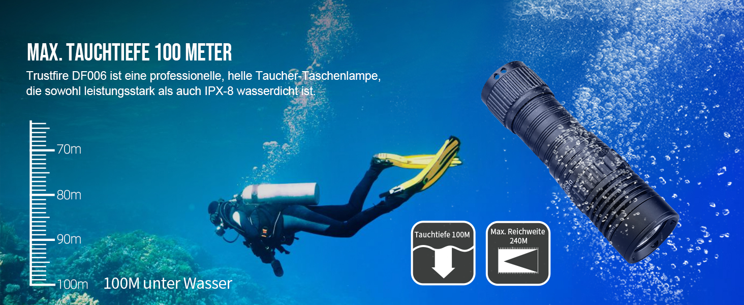 Ліхтар під водою Trustfire DF006, 2300 люмен, 100 метрів глибини, 3 режими, перезаряджається, з петлею, чорний