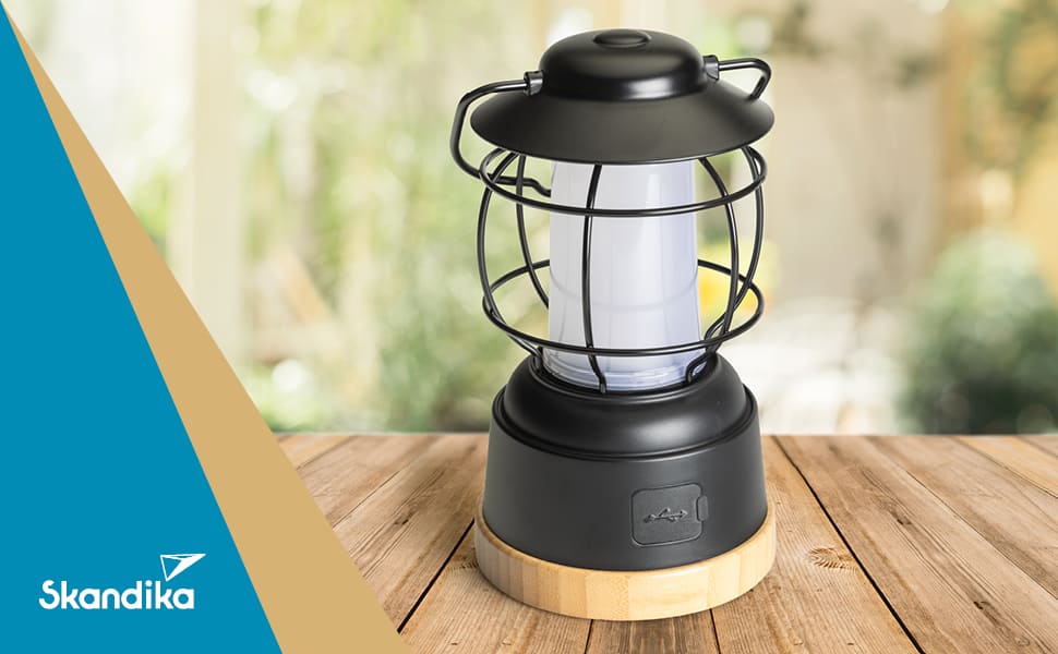 LED-лампа Skandika Kiruna Jord | Ретро кемпінгова лампа з Powerbank, регульована яскравість, бездротова, USB, тепле та холодне біле світло, сталеве підстав'я, 200 годин роботи | Настільна та підвісна лампа