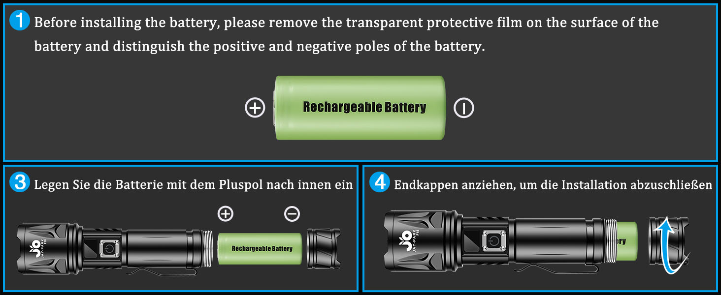 Ліхтар JAY-PARK 1000000 Люмен, перезаряджається, 5000 mAh, LCD-дисплей, 5 режимів, LED, екстремально яскравий, з зумом, дальність променя 3000м, для відпочинку на природі, кемпінгу, матовий чорний