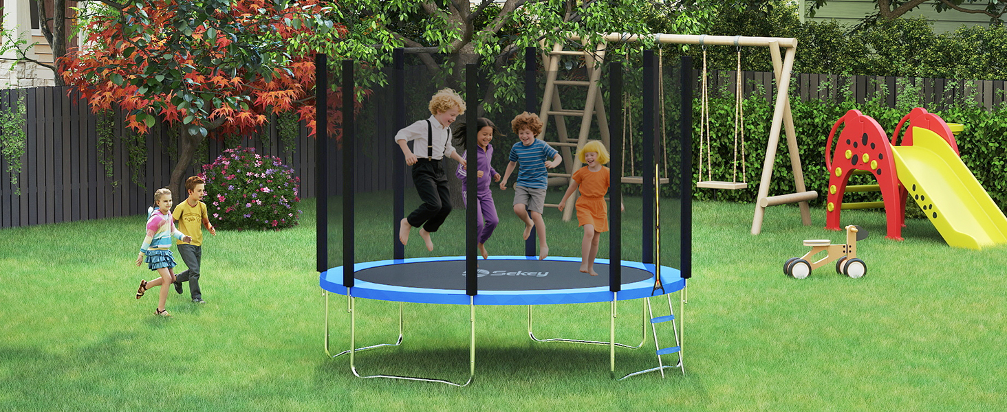Трамплін Sekey Outdoor 244/305/366 см - сертифікований TÜV Rheinland GS, дитячий, для саду з безпечною драбиною, посиленим захисним сіткою та захисним бордюром (Блакитний, 366 см/12 футів)