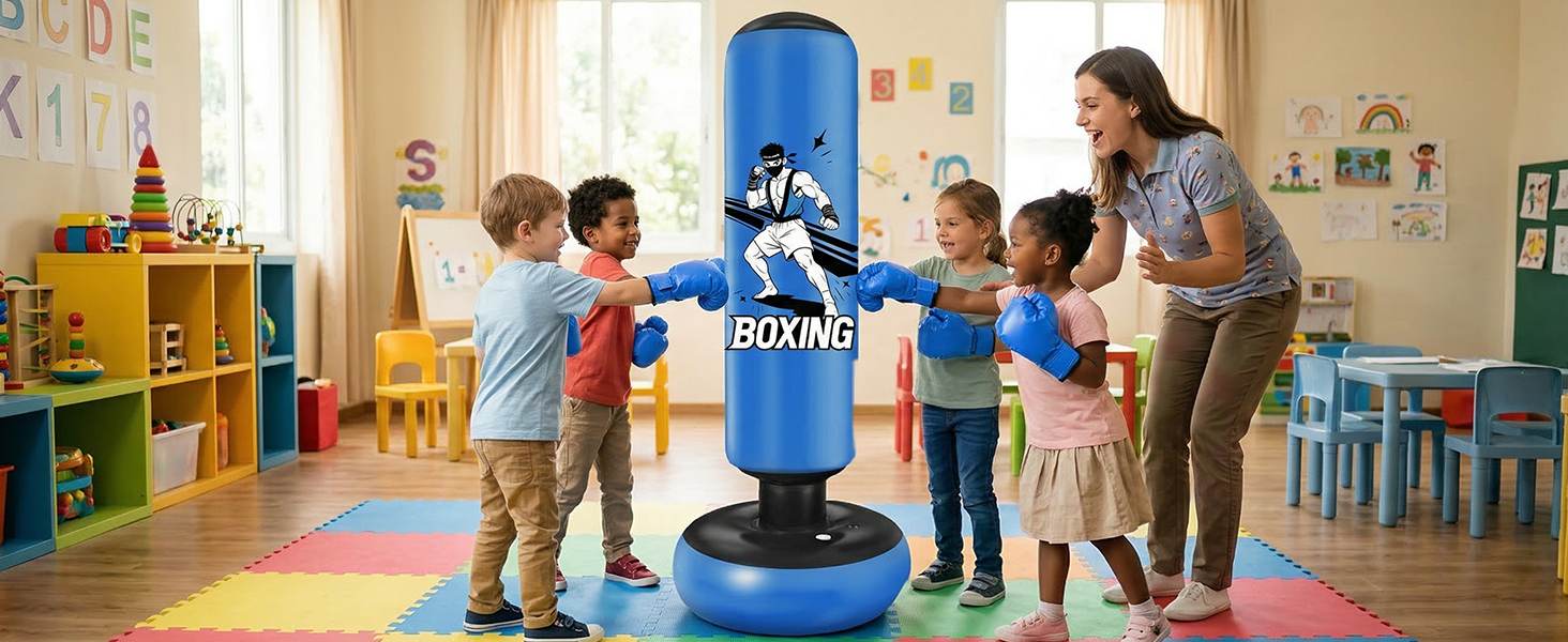 Боксерський мішок надувний для дітей 168 см з рукавичками та насосом, блакитний, з мотивом бійця, для дому, 5-12 років, для Karate та Taekwondo