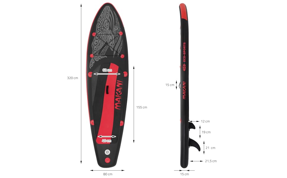 Надувна SUP-дошка ECD Germany Makani 320 см до 150 кг, комплект з алюмінієвим веслом, насосом, аксесуарами, різні кольори