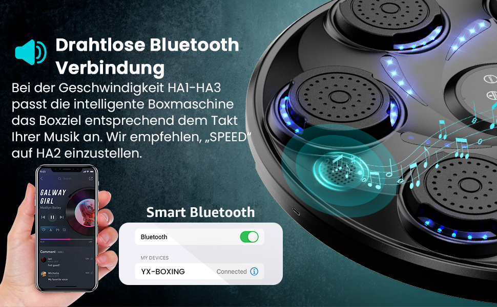 Електронний боксерський тренажер LeuKoles 2025 з Bluetooth, LED підсвічуванням, музикою та рукавичками, настінний, 9 швидкісних режимів, лічильник ударів