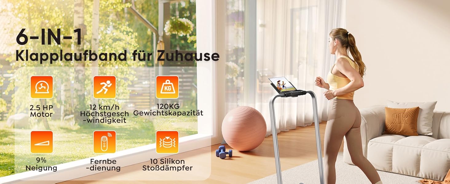 Бігова доріжка для дому 6-в-1 з регулюванням нахилу 9%, швидкість до 12 км/год, двигун 2.5 к.с., складана Walking Pad для офісу та дому, LED-дисплей, навантаження до 120 кг, сріблясто-чорна