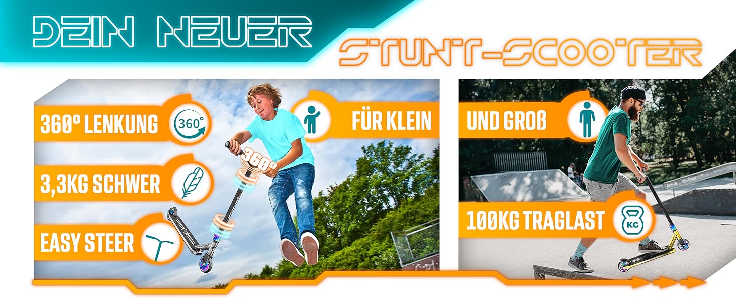 KESSER® Станкер Скутер X-Limit-Pro 360° - професійний для дітей та дорослих, ABEC 9, 110мм PU колеса, чорний/золотий