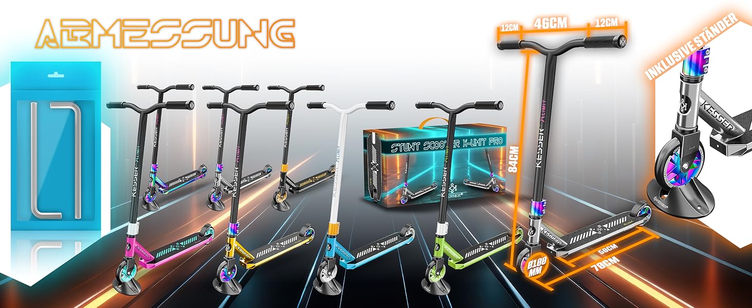 KESSER® Станкер Скутер X-Limit-Pro 360° - професійний для дітей та дорослих, ABEC 9, 110мм PU колеса, чорний/золотий