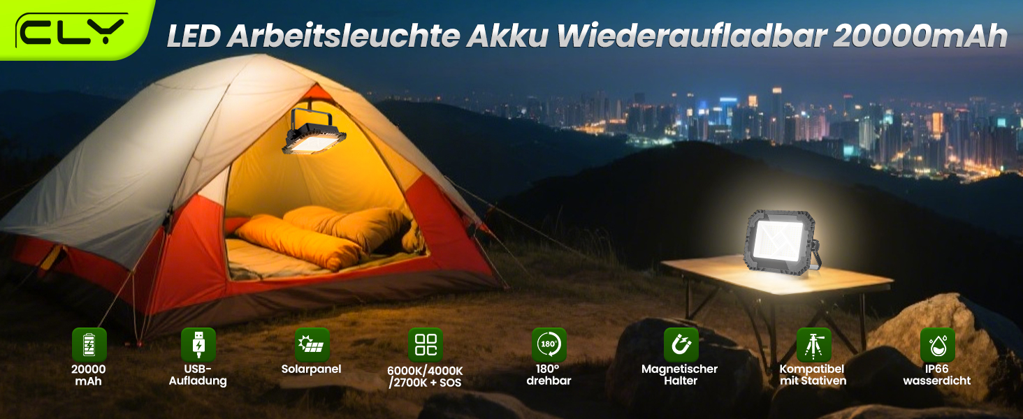 LED прожектор на акумуляторі CLV 200W, 20000mAh, IP66, вологостійкий, 4 режими, 2 рівні яскравості, USB, сонячна панель, для кемпінгу, будівництва, аварійне освітлення (чорний)