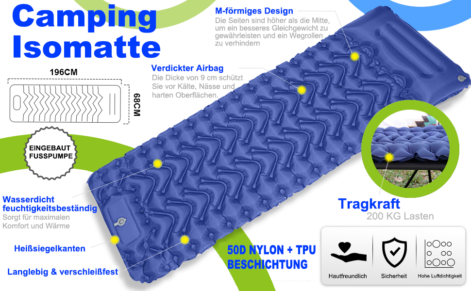 Каремат туристичний самонадувний Cunbayi з інтегрованими подушками та насосом. Підходить для кемпінгу, походів, пляжу та подорожей. Синій колір.