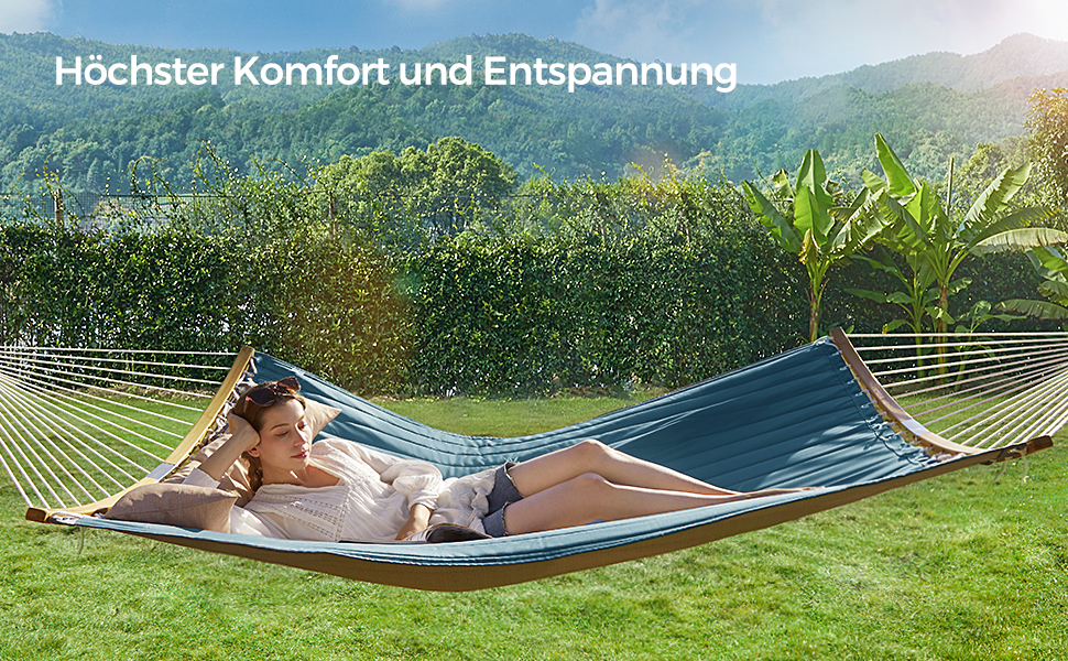 Гамак SONGMICS для 2 осіб з подушкою, сірий-бежевий, 200 x 140 см, до 225 кг, з роздільними бамбуковими стійками