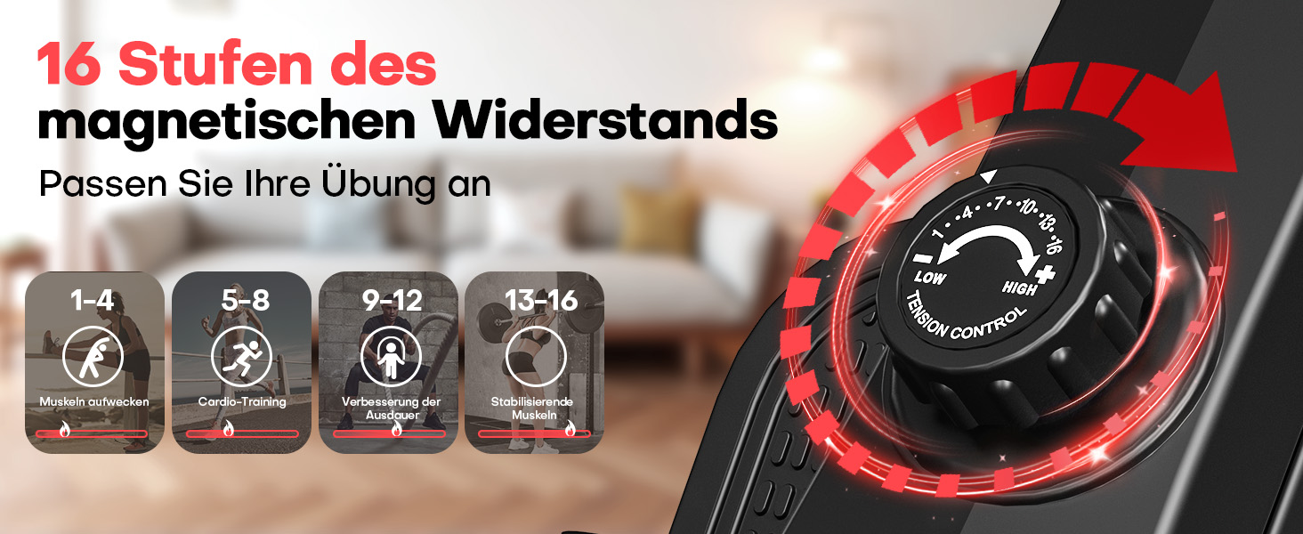 Гребний тренажер для дому з регулюванням опору 16/32 рівні, тихий магнітний, з LCD-дисплеєм, до 180 кг, чорний+червоний