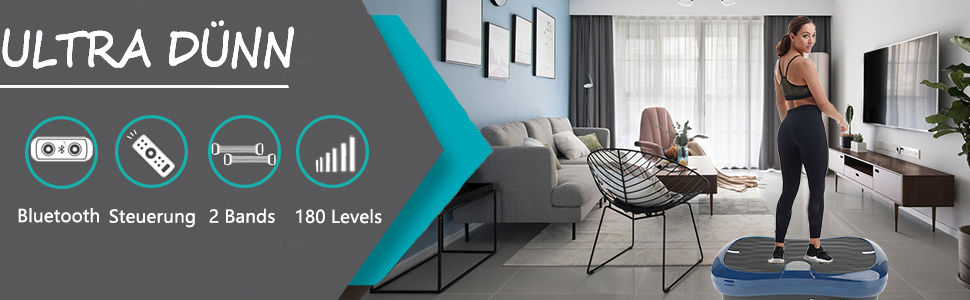 Віброплатформа для фітнесу Triclicks Ultra Slim з Bluetooth, пультом та гумовими петлями - 180 рівнів вібрації для домашніх тренувань