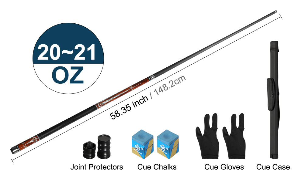 Кю Carbon Fiber (20-21 oz) - Професійний бик для більярду з шкіряним наконечником 13mm, 3/8*8 Joint, з чохлом, захисниками та крейдою