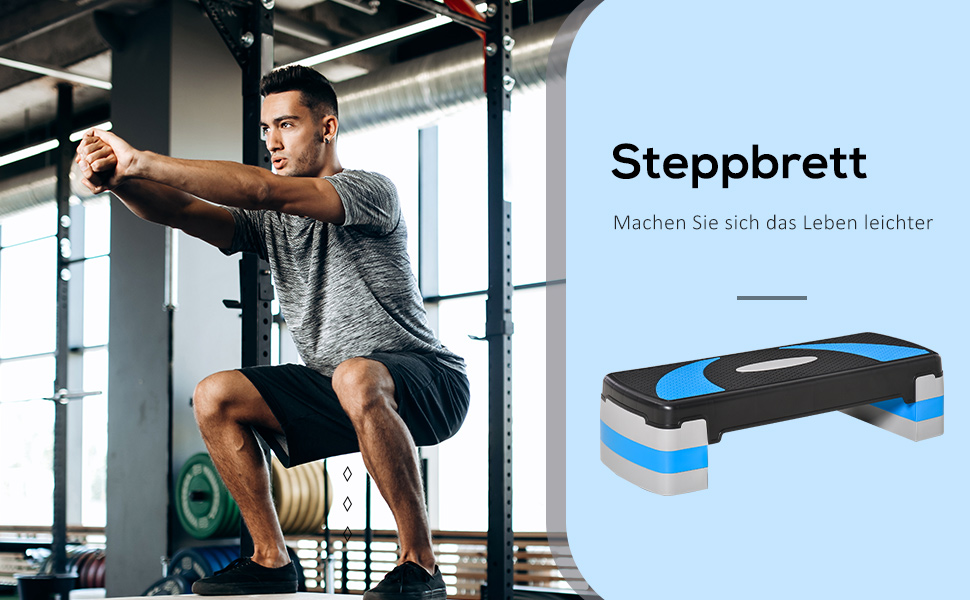 Степ-платформа для аеробіки, фітнесу та спорту, регульована по висоті, 3 сходинки, чорний+світло-блакитний+сірий