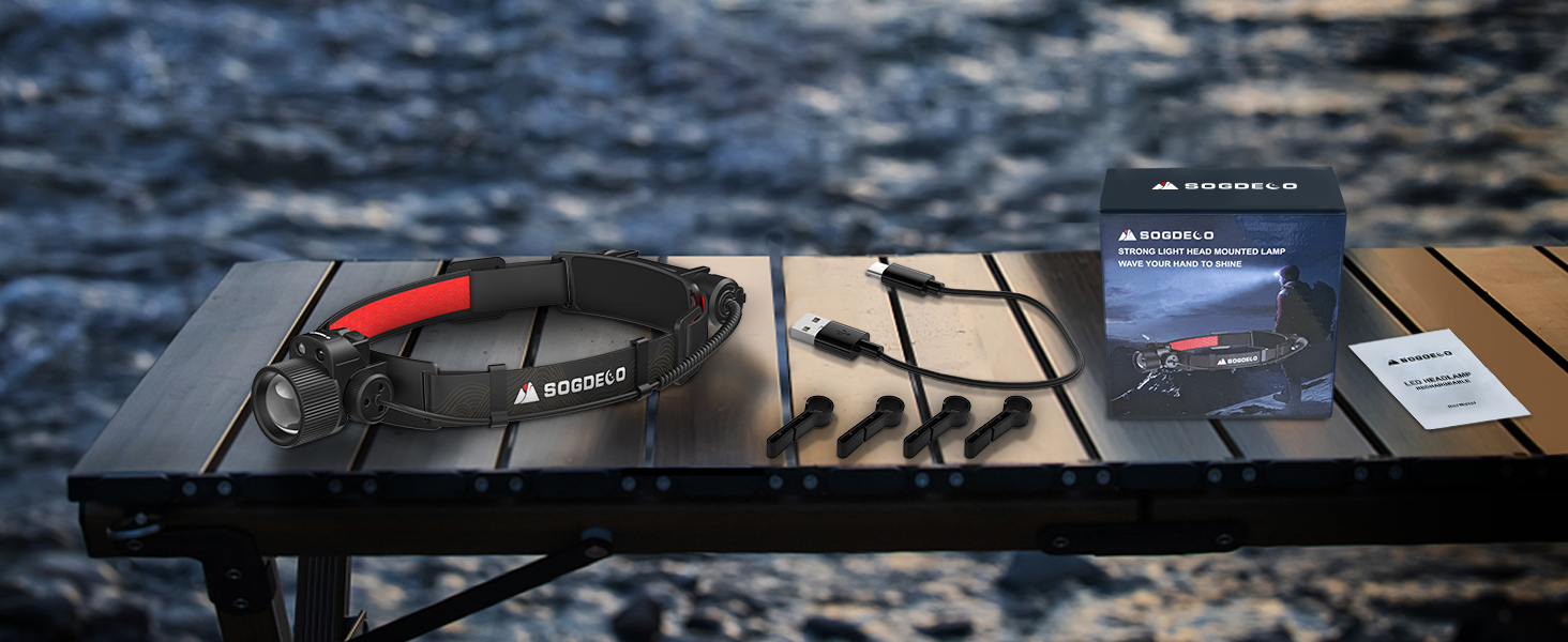 Ліхтар на лоб LED Sogdeco 5000 люмен, акумуляторний, IP68, сенсор, червоне світло, для кемпінгу та виживання