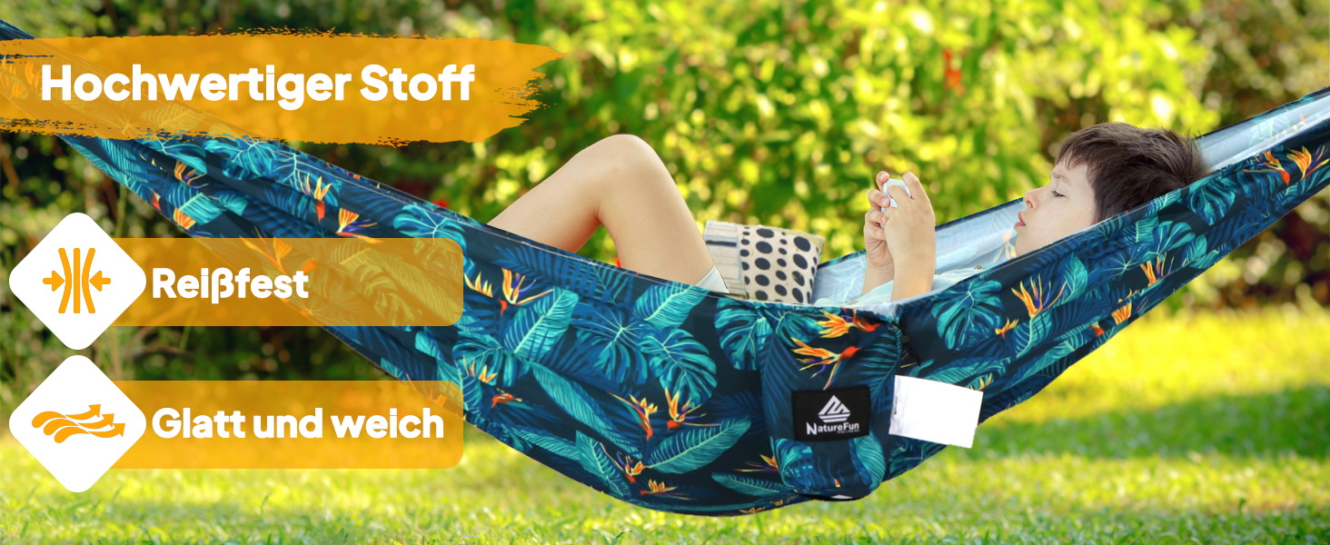 Гамак для кемпінгу NATUREFUN Ultraleicht | 300 кг, 275 x 140 см | Дихаючий, швидковисихаючий, нейлон | 2 карабіни, 2 петлі | Для відпочинку вдома, на природі, в саду