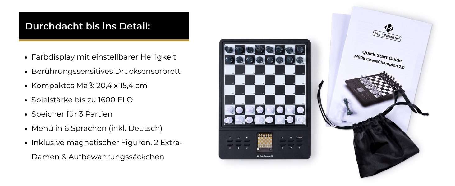Електронний шаховий комп'ютер Millennium M808 ChessChampion 2.0 з підказками та навчальним режимом, для початківців, дітей і мобільного використання