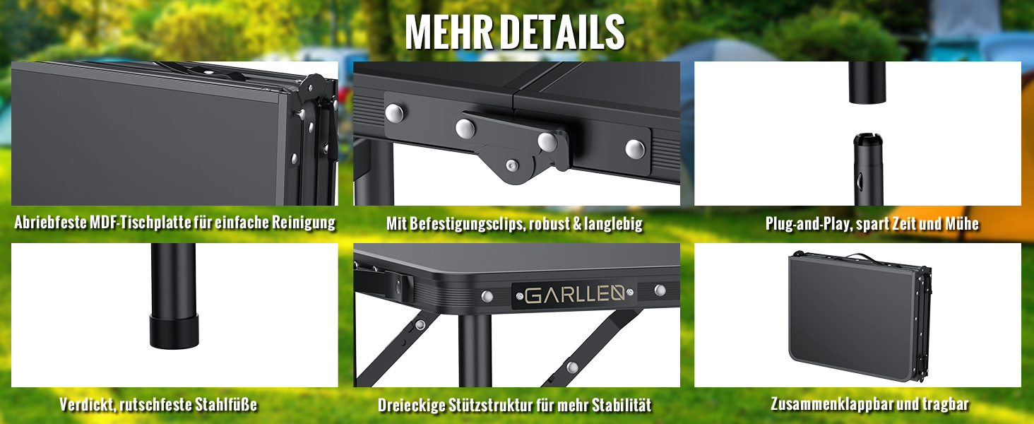 Складаний туристичний стіл GARLLEN 87x40 см, 3 положення висоти (26/48/70 см), чорний. Підходить для кемпінгу, пікніка, саду, грилю.