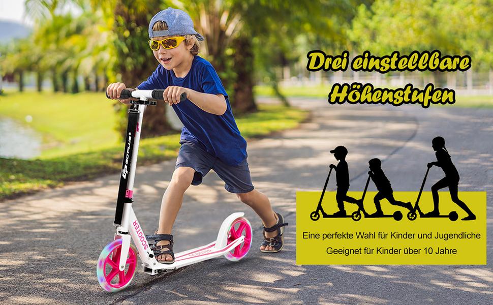 Дитячий трюковий самокат GOPLUS Roller Kinder 10 років, 3-ступенева регулювання висоти, легкий алюмінієвий, складаний, з LED-колесами, гальмом на задньому колесі, ременем та підставкою, до 100 кг, зелений