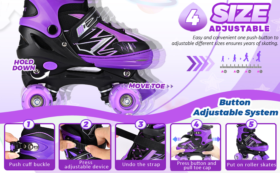 Дитячі ролики LOKJIJI для хлопчиків та дівчаток, регульовані, 4 розміри, фіолетово-білі та чорно-білі (M, чорний & фіолетовий)
