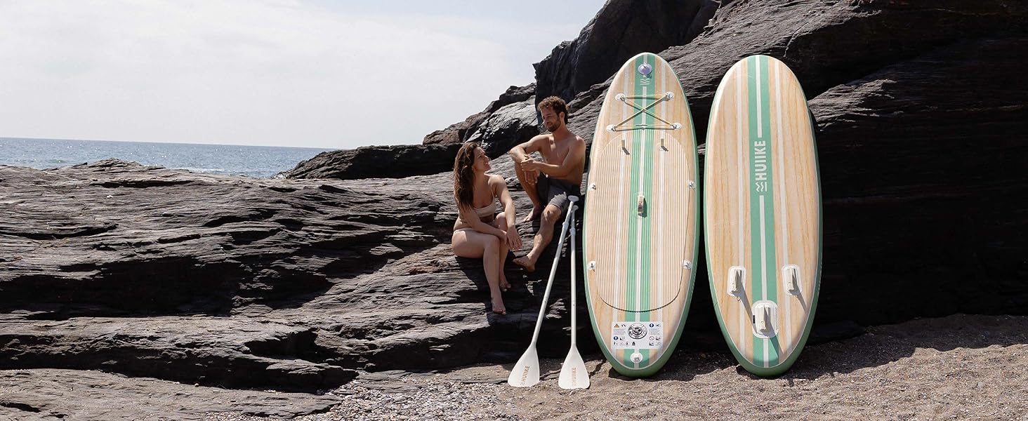 Надувний SUP-борд HUIIKE Stand Up Paddle Board з аксесуарами: весло, фіни, насос. Стабільний та міцний, 305 × 84 × 15 см, до 130 кг (Paulownia Mint - Full Pack)