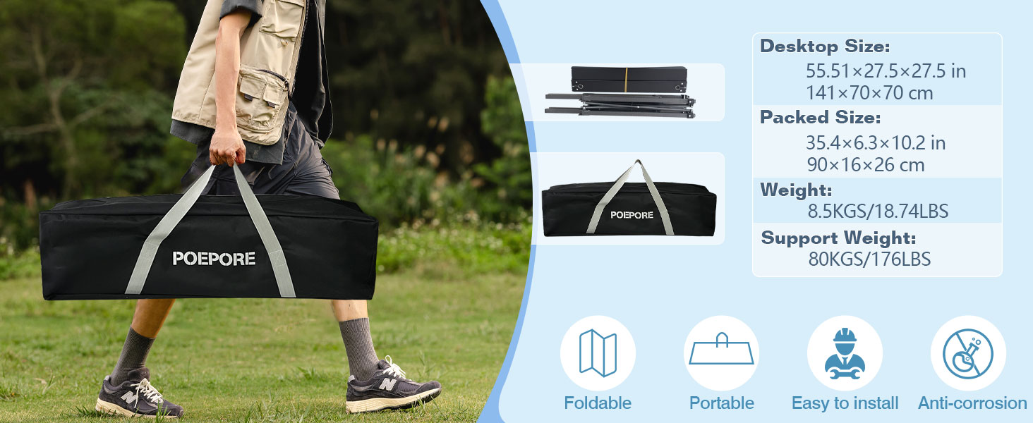 Стіл для кемпінгу Poeopore, розкладний, алюміній, великий, на 4-6 осіб, чорний, 140 x 70 x 70 см