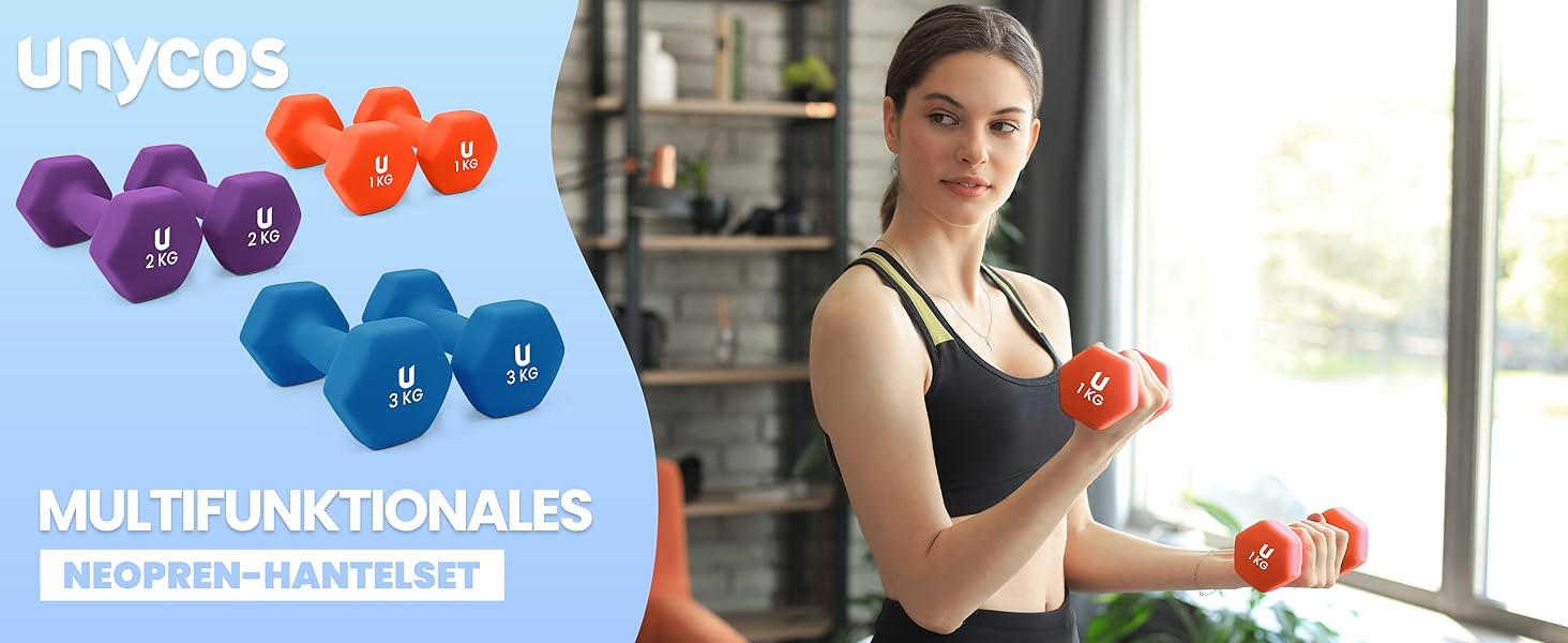 Гантелі неопренові UNYCOS 2 шт. 1-10 кг, короткі, антиковзаючі, для фітнесу, силових тренувань, пілатесу, дому. Набір 1 кг, 2 кг, 3 кг.