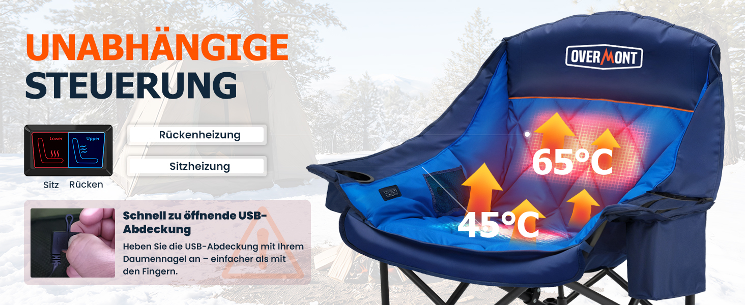 Обідній стілець для кемпінгу OVERMONT з підігрівом XL, розкладний, для відпочинку на природі, риболовлі, блакитний