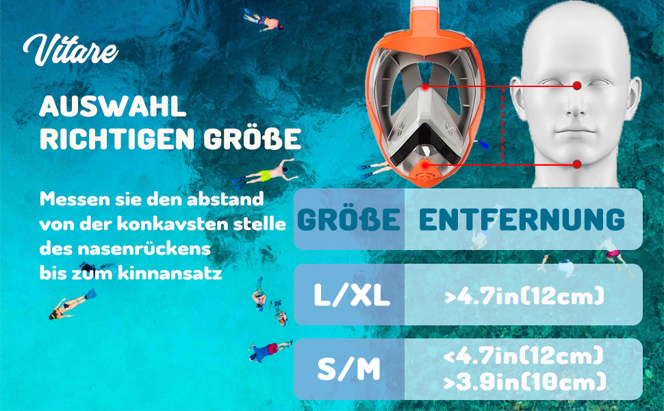 Маска для підводного плавання Vitare для дорослих і дітей, маска для дайвінгу на все обличчя, повна маска для обличчя з полем зору 180, безпечний набір трубок CO2 із затискачем для камери, складний засіб проти запотівання L/XL S/M Помаранчевийчорний L-XL