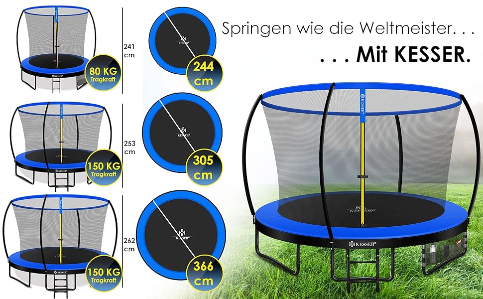 Трамплін KESSER® Ø 244/305/366/427 см з сіткою | Сертифікат TÜV Rheinland GS | Для дітей до 150 кг | Садовий, дитячий | Комплект