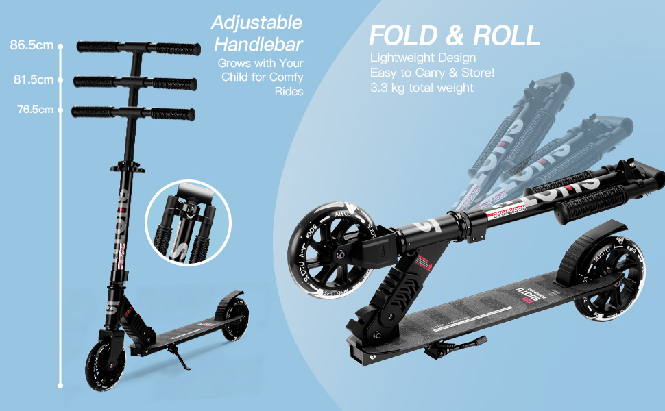 Самокат дитячий SUOTU з колесами 145 мм, до 100 кг, світлодіодами, складаний, регульована висота, для хлопчиків та дівчаток, алюмінієвий, чорний