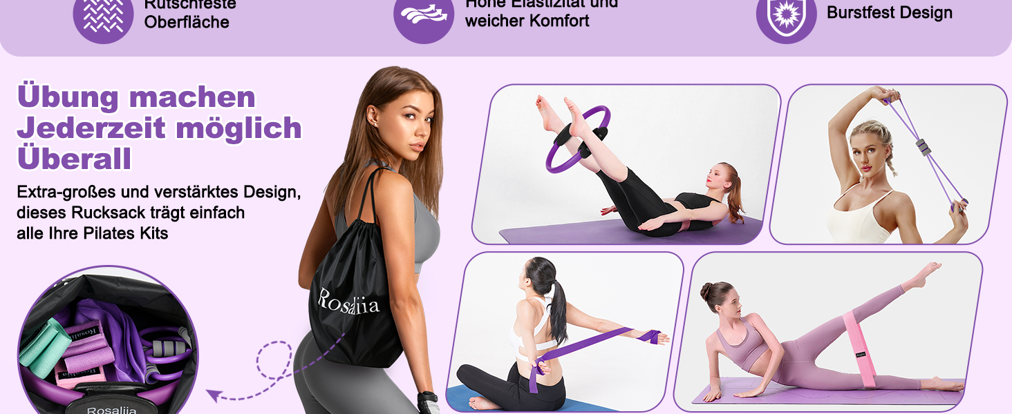 Набір для пілатесу: кільце, фітнес-м'яч, турнік для стегон, еспандер у формі 8, ремінь для йоги та стрейчингу. Фітнес-обладнання для дому. Колір: фіолетовий