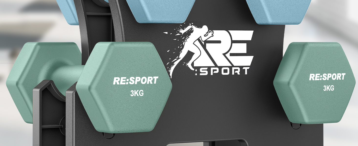 Набір гантелей 3 пари (1-5 кг, 12 кг або 18 кг) зі стійкою та 3 фітнес-гумками | Нековзкі гантелі з неопрену для жінок та чоловіків | Набір гантелей рожевого, блакитного та небесно-блакитного кольорів 12 кг