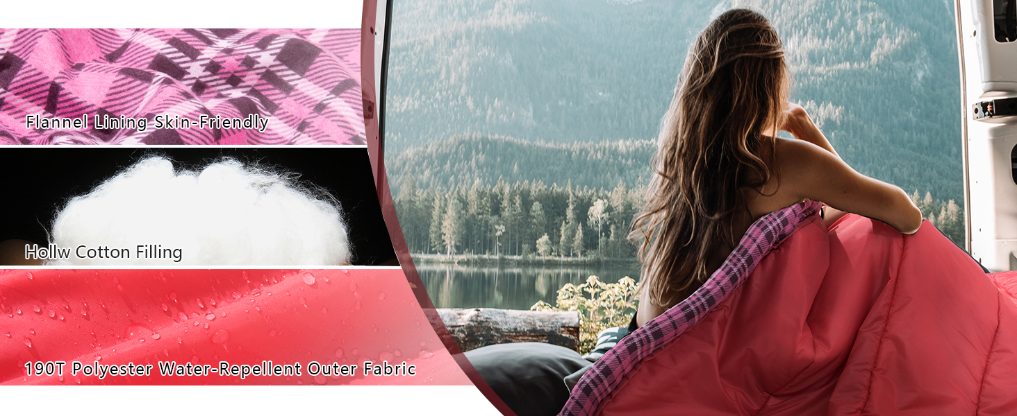 Спальний мішок BISINNA XL з фланелі з бавовни для кемпінгу, 2-3 сезони, дорослий, для походів та кемпінгу, внутрішнє та зовнішнє використання, з компресійним мішком (Рожевий, 1.5 кг)