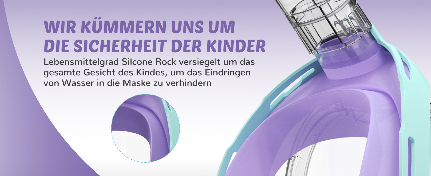 Маска для снорклінгу дитяча G2RISE® повнолицьова, антифог, з клапаном CO2, сухе горло, фіолетово-зелена